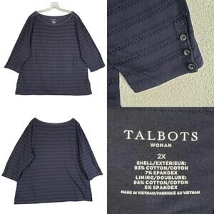 Talbots Shirt Women’s Plus Size 2X Striped 3/4 Sleeve Cotton Navy Blue Eyelet